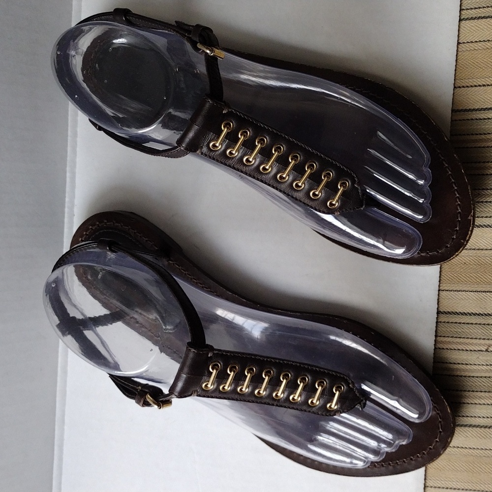 Burberry Dark Brown T-Strap Sandals with Metallic Detail 37.5